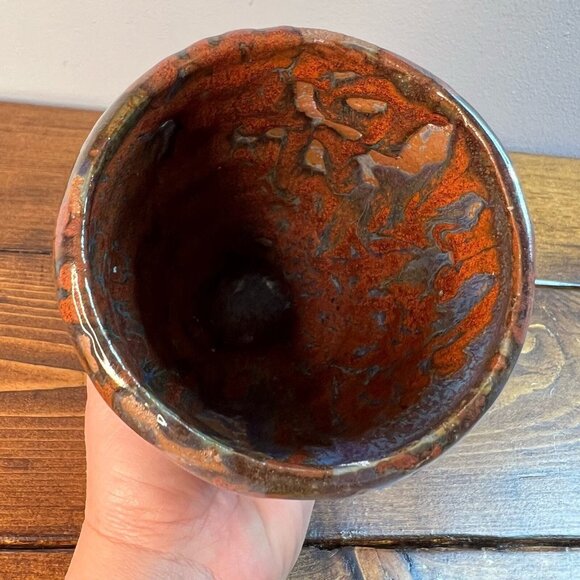 Primitive Heavy Handmade Earthenware Vase Container with Brown blue drip Glaze - Picture 6 of 12